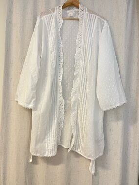 Shabby Chic White Swiss Dot Eyelet Lace Trim Kimono Robe 100% COTTON